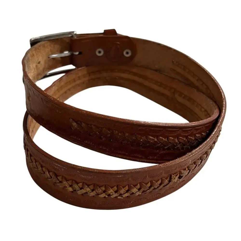 Cindilo Mens Tooled Leather Belt Size 42 Brown Braided Western Made in Mexico